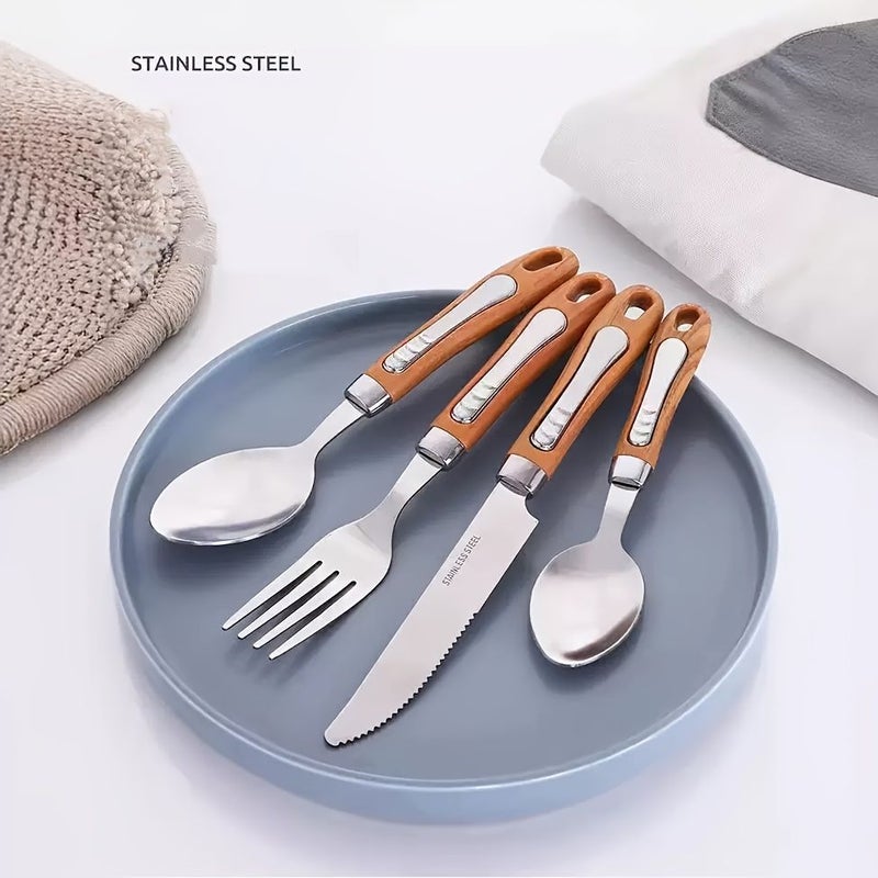 4 Pcs Stainless Steel Cutlery Set Steak Knife Soup Fork Teaspoon Faux Wood Grain Handle Silverware Western Tableware For Parties Weddings Festivals Restaurants Hotels Home Kitchens - Image 5