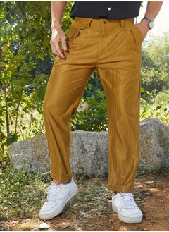 Campus Sutra Men's Mustard Yellow Corduroy Tailored Trousers  - Image 1