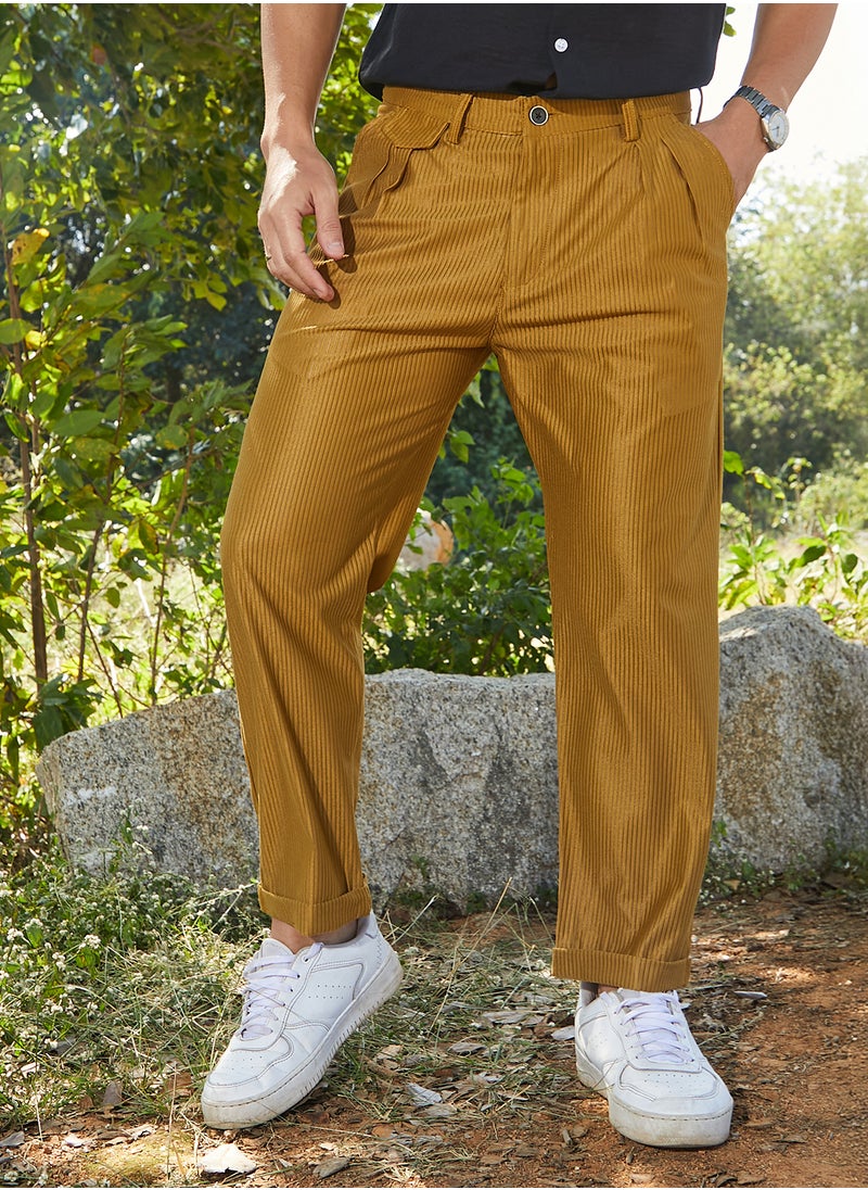 Campus Sutra Men's Mustard Yellow Corduroy Tailored Trousers  - Image 1