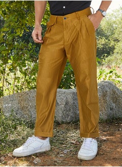 Campus Sutra Men's Mustard Yellow Corduroy Tailored Trousers  - Image 3