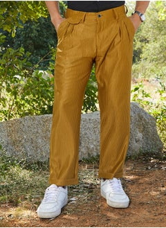 Campus Sutra Men's Mustard Yellow Corduroy Tailored Trousers  - Image 2