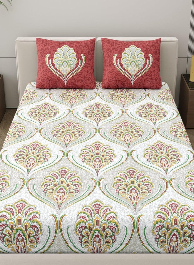 Dreamscape 100% Cotton King Fitted Printed Bedsheet with 2 Pillow Covers - (Size 72 x 78 inches, 200 TC, Colour - Red: Barn Red) - Image 2