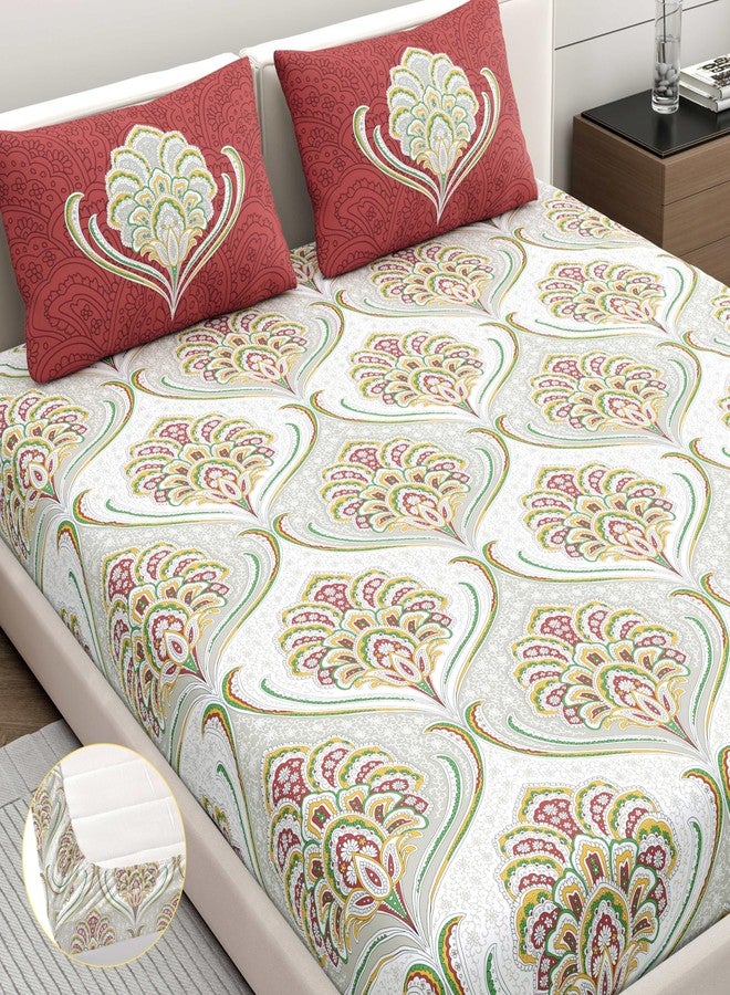 Dreamscape 100% Cotton King Fitted Printed Bedsheet with 2 Pillow Covers - (Size 72 x 78 inches, 200 TC, Colour - Red: Barn Red) - Image 1