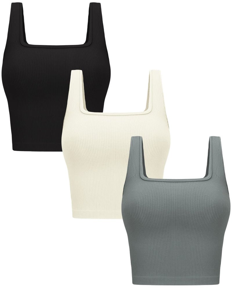 OLCHEE Womens 3 Pack Crop Tank Tops Basic Seamless Ribbed Sleeveless Square Neck Workout Top Summer Exercise Yoga Gym Shirts - Black Beige Light Grey Medium - Image 1