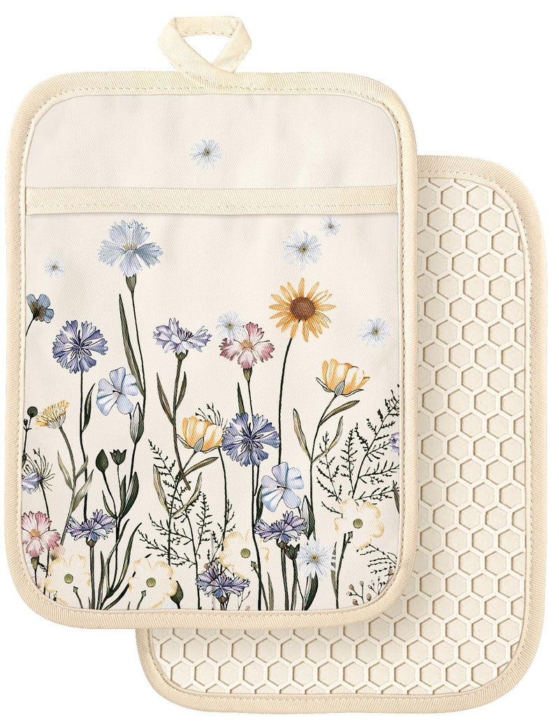 Slohif Silcone Flower Pot Holders for Kitchen - 100% Cotton Beige Oven Potholders with Pockets, Heat Resistant Square Thick Hot Pads, House New Home Baking Baker Gifts,2pack - Image 1