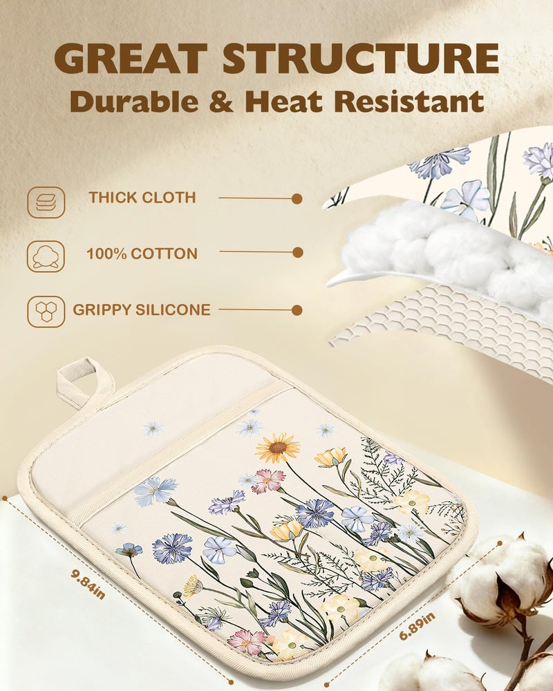 Slohif Silcone Flower Pot Holders for Kitchen - 100% Cotton Beige Oven Potholders with Pockets, Heat Resistant Square Thick Hot Pads, House New Home Baking Baker Gifts,2pack - Image 2
