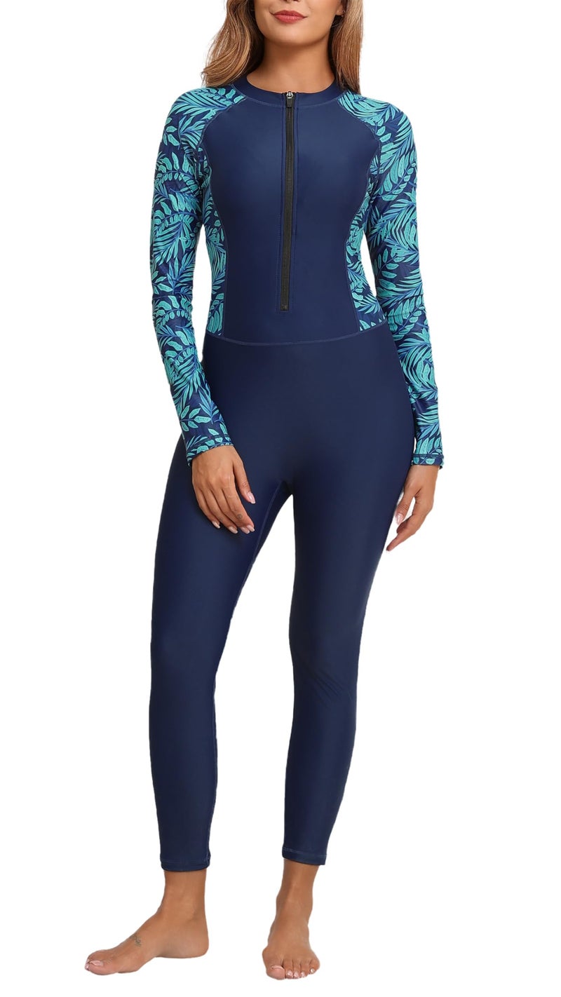 ALLTOKE Womens Full Body Zip Front Rash Guard Long Sleeve One Piece Bathing Suit with Built in Bra UPF50 Surf Swimsuit Navy Blue Green Leaves M