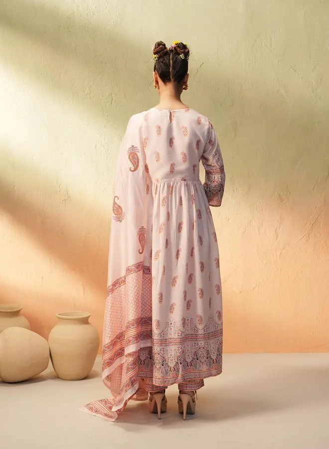 ISHIN Women's Peach 100% Cotton Printed Tunic Top With Ankle Palazzo Straight 3 Peice Kurta Set