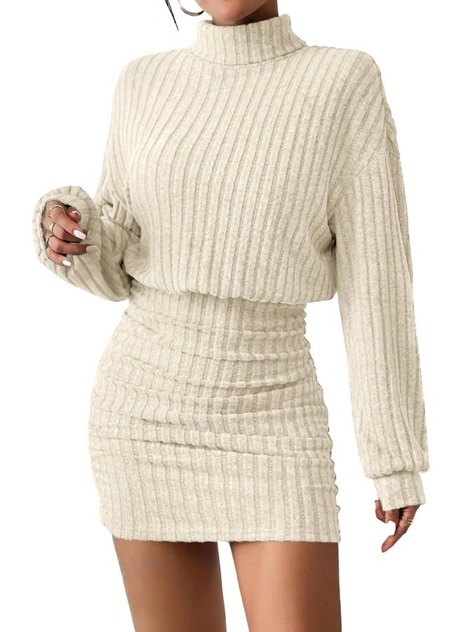 AUXDIO Women's Mock Neck Sweater Dress Fall Long Lantern Sleeve Bodycon 2025 Pullover Mini Short Dresses, Apricot, XL - Image 1