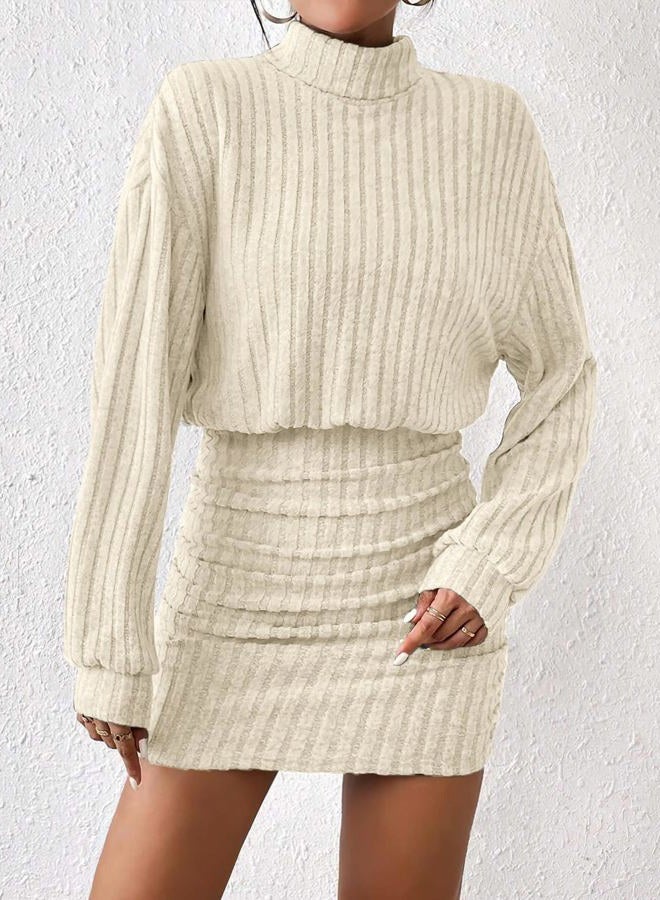 AUXDIO Women's Mock Neck Sweater Dress Fall Long Lantern Sleeve Bodycon 2025 Pullover Mini Short Dresses, Apricot, XL - Image 2