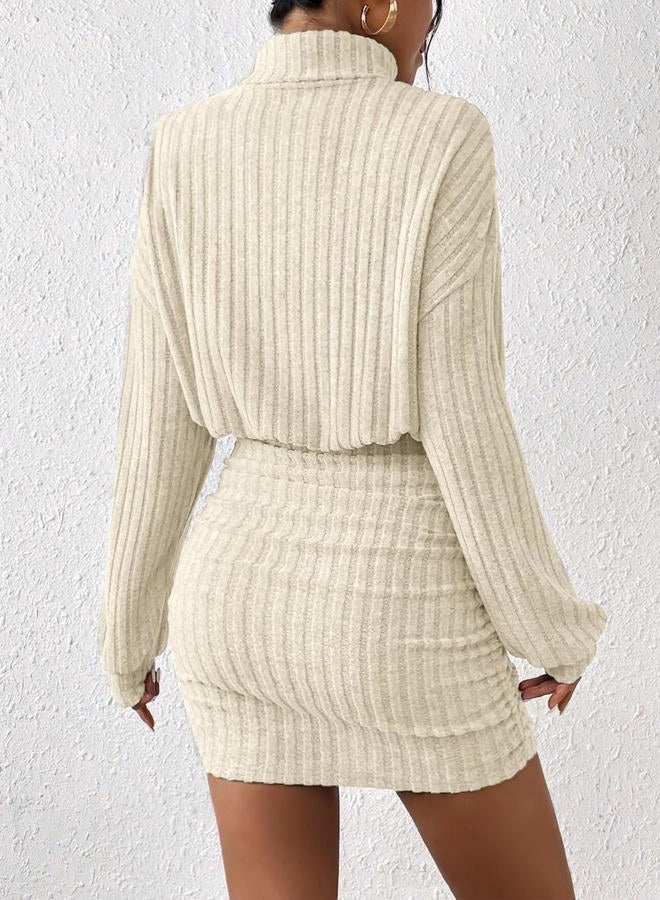 AUXDIO Women's Mock Neck Sweater Dress Fall Long Lantern Sleeve Bodycon 2025 Pullover Mini Short Dresses, Apricot, XL - Image 3