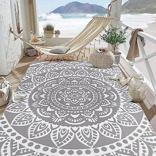Bsmathom Waterproof Outdoor Rug 6'x9' Reversible Boho Plastic Straw Patio Deck Camping Rugs, Indoor Outdoor Portable RV Mat Clearance Carpet for Outside, Porch, Balcony, Backyard, Beach, Pool,Grey - Image 2