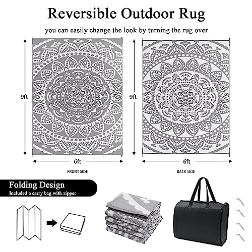 Bsmathom Waterproof Outdoor Rug 6'x9' Reversible Boho Plastic Straw Patio Deck Camping Rugs, Indoor Outdoor Portable RV Mat Clearance Carpet for Outside, Porch, Balcony, Backyard, Beach, Pool,Grey - Image 3