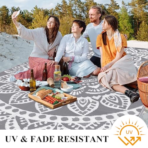 Bsmathom Waterproof Outdoor Rug 6'x9' Reversible Boho Plastic Straw Patio Deck Camping Rugs, Indoor Outdoor Portable RV Mat Clearance Carpet for Outside, Porch, Balcony, Backyard, Beach, Pool,Grey - Image 5