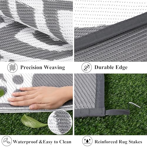 Bsmathom Waterproof Outdoor Rug 6'x9' Reversible Boho Plastic Straw Patio Deck Camping Rugs, Indoor Outdoor Portable RV Mat Clearance Carpet for Outside, Porch, Balcony, Backyard, Beach, Pool,Grey - Image 4