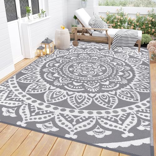 Bsmathom Waterproof Outdoor Rug 6'x9' Reversible Boho Plastic Straw Patio Deck Camping Rugs, Indoor Outdoor Portable RV Mat Clearance Carpet for Outside, Porch, Balcony, Backyard, Beach, Pool,Grey - Image 1