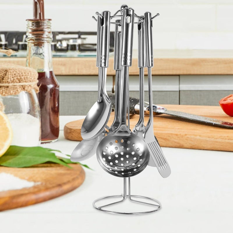 6-Piece Stainless Steel Cooking Utensil Set with Storage Stand Rack for Kitchen - Image 5