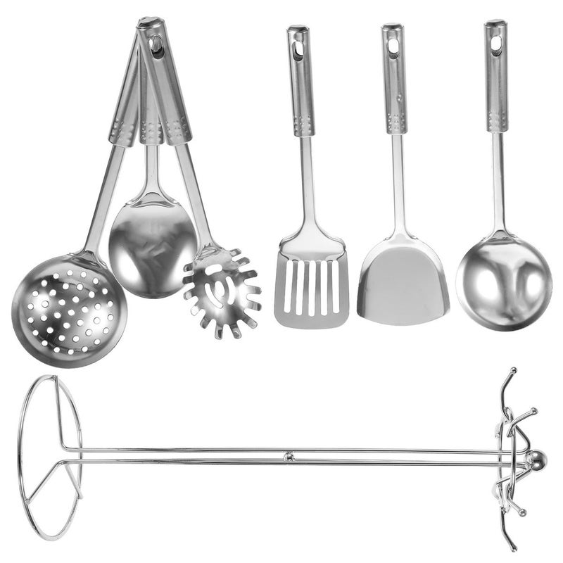 6-Piece Stainless Steel Cooking Utensil Set with Storage Stand Rack for Kitchen - Image 1