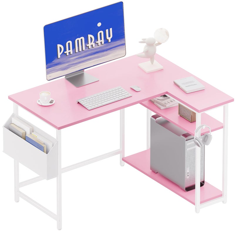 Pamray 40 Inch L Shaped Computer Desk with Reversible Side Storage Shelves, Small Corner Desk for Small Space Home Office, Writing Study Table PC Desk for Bedroom, Pink - Image 1