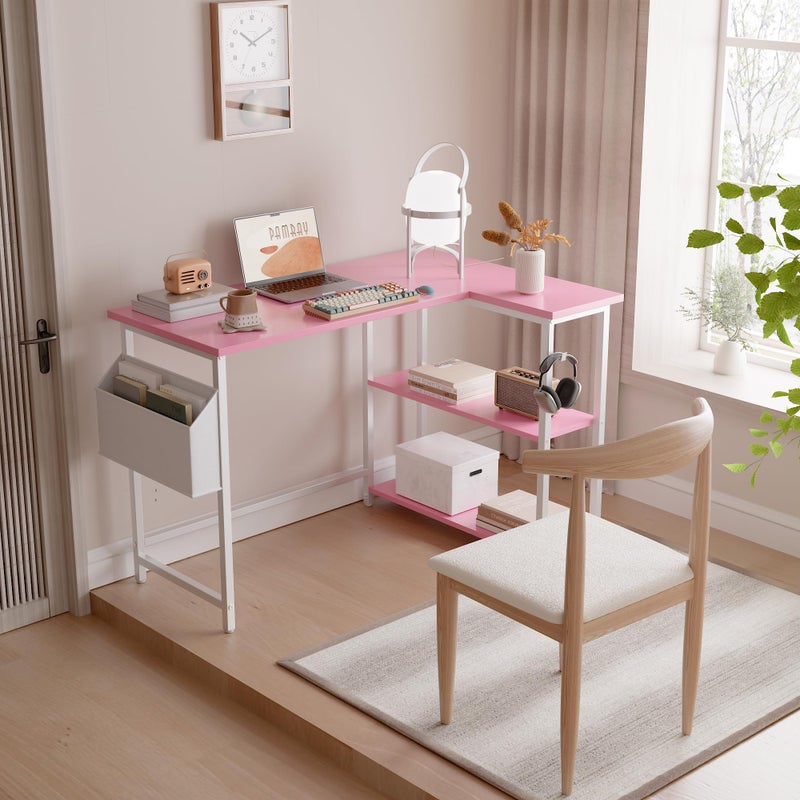 Pamray 40 Inch L Shaped Computer Desk with Reversible Side Storage Shelves, Small Corner Desk for Small Space Home Office, Writing Study Table PC Desk for Bedroom, Pink - Image 2
