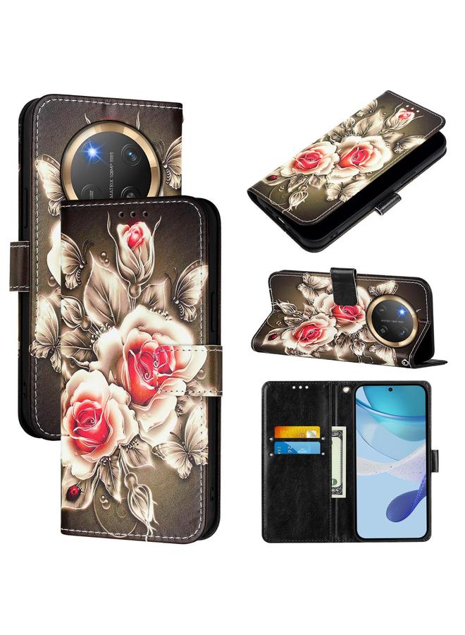 Zaboon For Honor X9c 5G Colored Drawing Pattern Plain Weave Leather Phone Case(Roses On Black) 