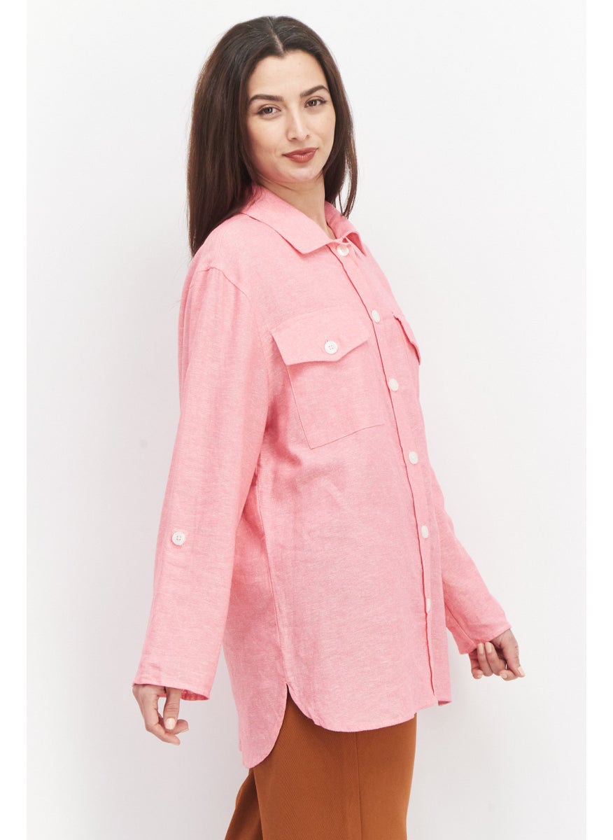 Jones New York - Women Spread Collar Long Sleeve Textured Top, Pink - Image 1