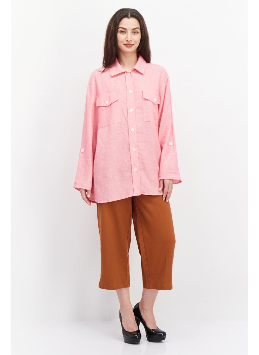Jones New York - Women Spread Collar Long Sleeve Textured Top, Pink - Image 1