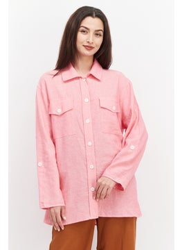 Women Spread Collar Long Sleeve Textured Top, Pink