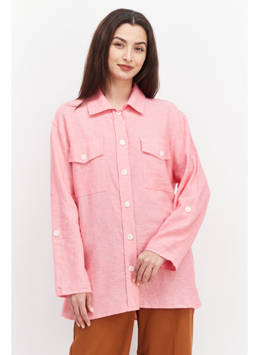 Jones New York - Women Spread Collar Long Sleeve Textured Top, Pink - Image 1