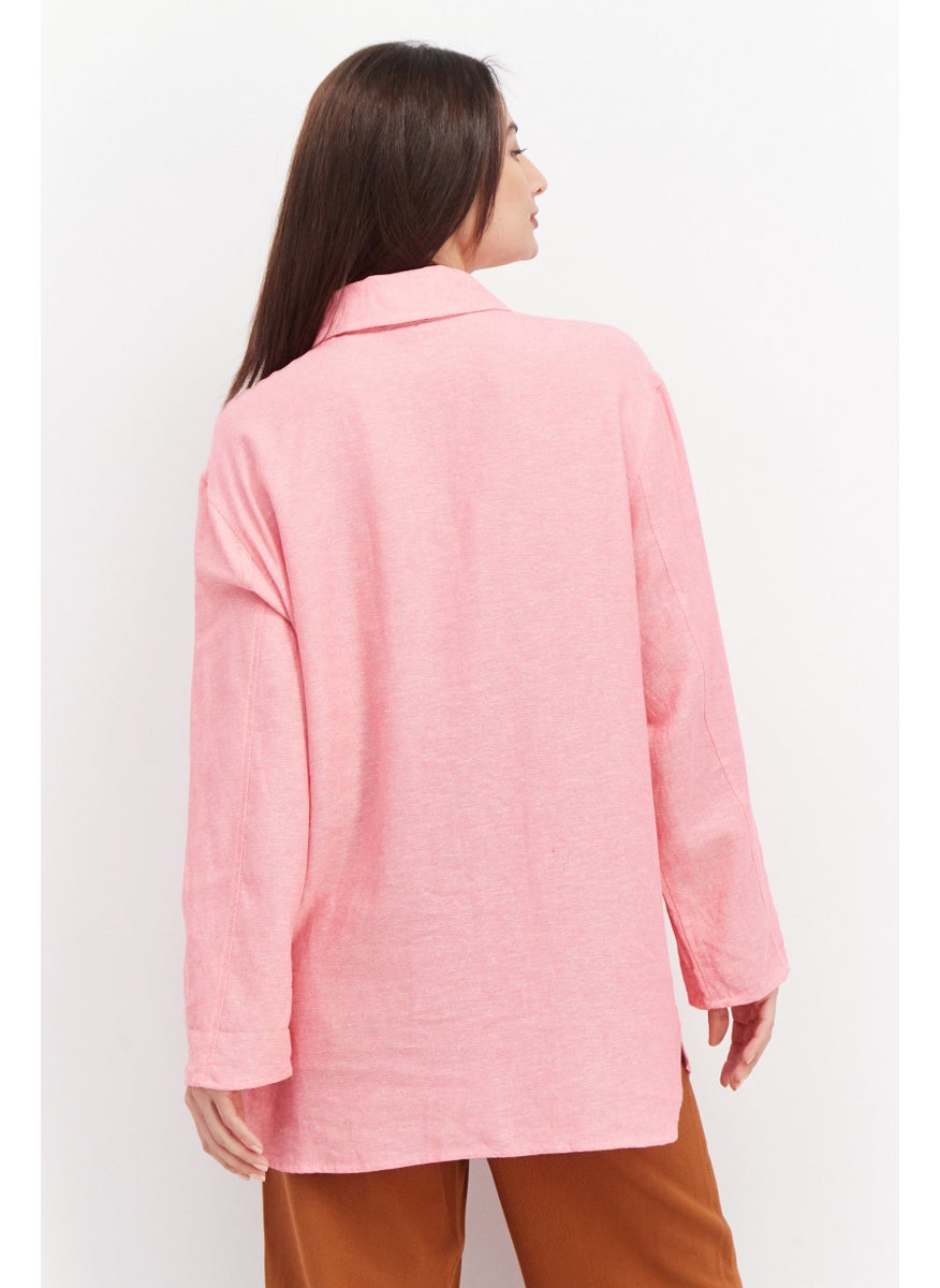 Jones New York - Women Spread Collar Long Sleeve Textured Top, Pink - Image 1
