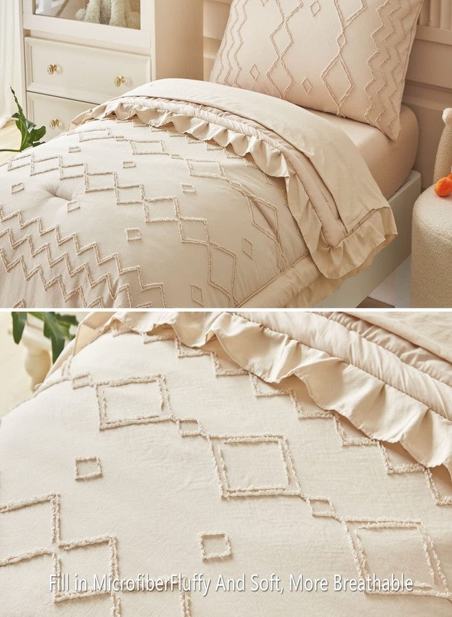 AIKASY Toddler Bedding Set 4 Pieces Super Soft Comforter Set, Shabby Boho Bohemian Design for Boys and Girls（Ruffle Fringe Comforter, Flat Sheet, Fitted Sheet and Pillowcase）- Khaki - Image 4