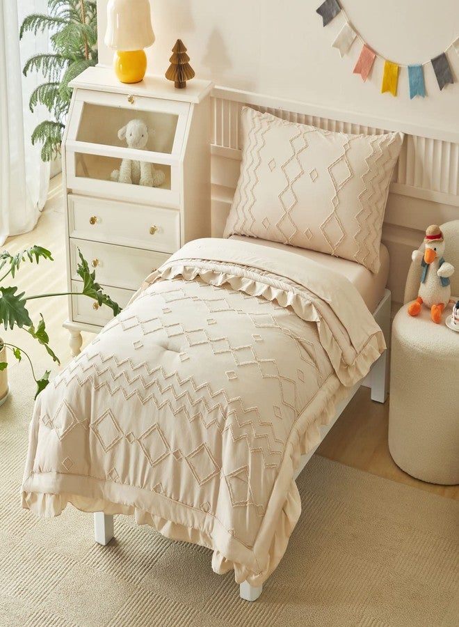 AIKASY Toddler Bedding Set 4 Pieces Super Soft Comforter Set, Shabby Boho Bohemian Design for Boys and Girls（Ruffle Fringe Comforter, Flat Sheet, Fitted Sheet and Pillowcase）- Khaki - Image 1