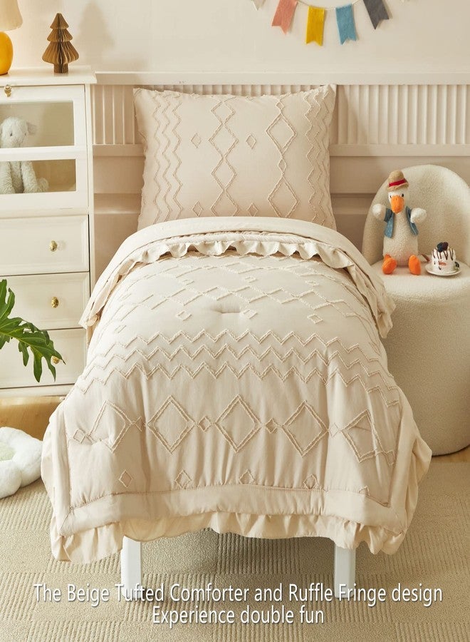 AIKASY Toddler Bedding Set 4 Pieces Super Soft Comforter Set, Shabby Boho Bohemian Design for Boys and Girls（Ruffle Fringe Comforter, Flat Sheet, Fitted Sheet and Pillowcase）- Khaki - Image 2