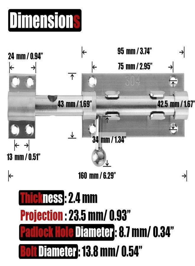 JQK Sliding Bolt Gate Latch, 6.3 Inch (Thick 2.4mm) Heavy Duty 304 Stainless Steel Barrel Bolt with Padlock Hole, Interior Door Latches Brushed Finish, DL300-BN - Image 2