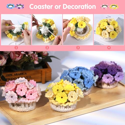 Iuuidu Crochet Kit for Beginners-4PCS Coaster Flower Pot Crochet Kits Coaster Crochet Starter Kit with Crochet Yarns,Hooks, Easy Videos Tutorials to Crochet for Office, Coffee Table, Home Decor - Image 5
