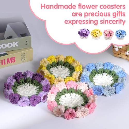 Iuuidu Crochet Kit for Beginners-4PCS Coaster Flower Pot Crochet Kits Coaster Crochet Starter Kit with Crochet Yarns,Hooks, Easy Videos Tutorials to Crochet for Office, Coffee Table, Home Decor - Image 4