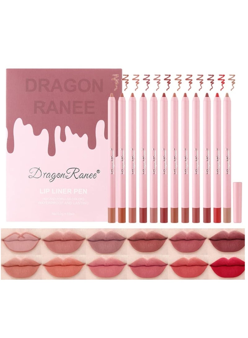 Dragon Ranee مجموعة أقلام تحديد الشفاه 12 قطعة، أحمر شفاه مقاوم للماء يدوم طويلاً، مجموعة مكياج تحديد الشفاه، قلم شفاه كامل اللون، تحديد الشفاه بضغطة واحدة للنساء - Image 1