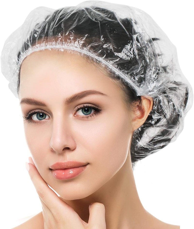 Auban 100PCS Disposable Shower Caps, Plastic Clear Hair Cap Large Thick Waterproof Bath Caps for Women, Hotel Travel Essentials Accessories Deep Conditioning Hair Care Cleaning Supplies(20.5") - Image 1