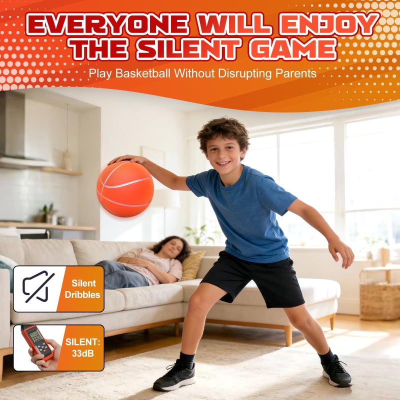 BYYNNE Silent Basketball Size 7 (29.5") â€“ Noiseless Indoor Basketball for Quiet Dribbling and Indoor Training, Pro Grooved Airless PU Foam Basketball â€“ Real Feel Higher Bounce Quieter (Orange) - Image 2