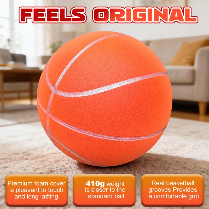 BYYNNE Silent Basketball Size 7 (29.5") â€“ Noiseless Indoor Basketball for Quiet Dribbling and Indoor Training, Pro Grooved Airless PU Foam Basketball â€“ Real Feel Higher Bounce Quieter (Orange) - Image 3