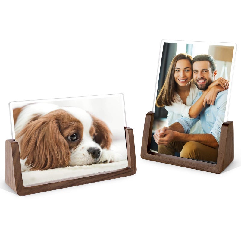 Mixoo 4x6 Wood Photo Picture Frame 2 Pack  Rustic Wooden Picture Frame with Walnut Wood Base and High Definition Break Free Acrylic Covers for Tabletop or Desktop Display Horizontal  Vertical