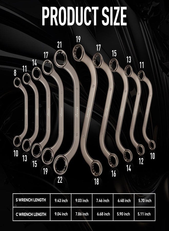 ديزن مجموعة مفاتيح ربط صندوقية على شكل حرف S ونصف قمرية من DISEN، مترية، مفاتيح على شكل حرف C بمقاس 8 مم - 22 مم، مفاتيح على شكل حرف S بمقاس 10 مم - 19 مم، 12 نقطة، مصنوعة من فولاذ CR-V، مطلية بالنيكل مع حقيبة تنظيم - Image 3