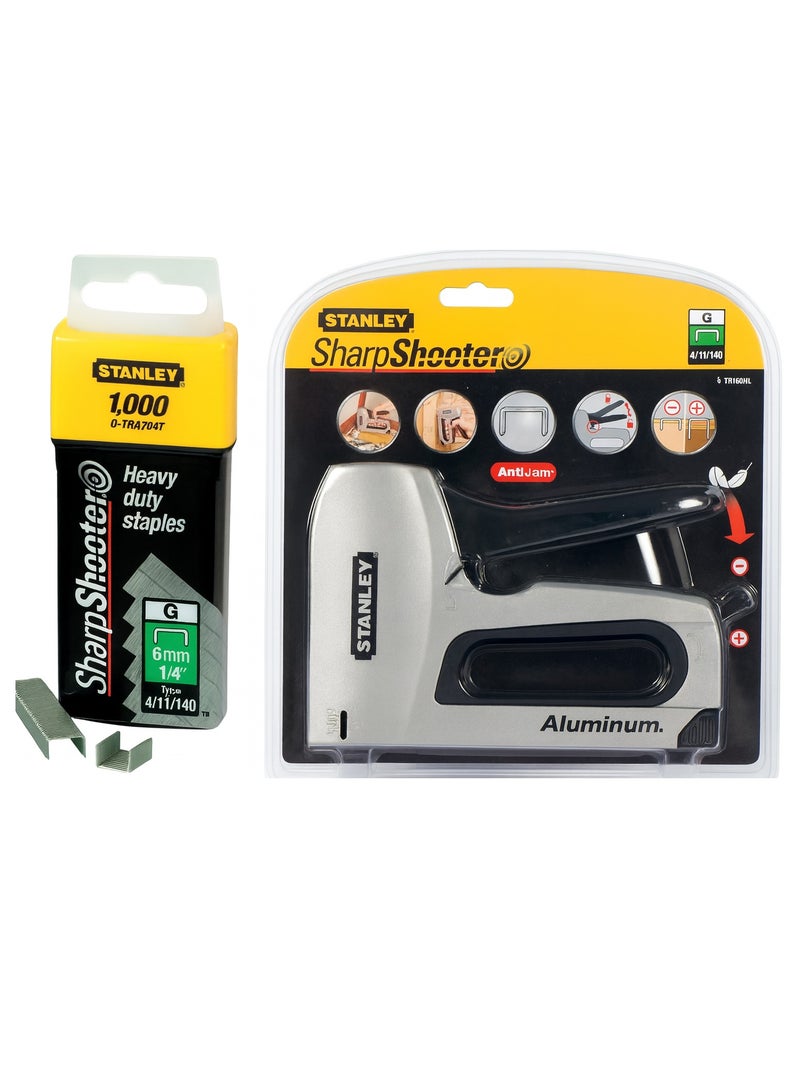 Stanley مسدس دبابيس شارب شوتير للاستخدام الثقيل مع 1000 دبابيس - مضاد للاحتجاز، قوة قابلة للتعديل، مقبض مريح، هيكل من الألمنيوم الطائر المتين، متوافق مع دبابيس النوع G (4/11/140) - Image 1