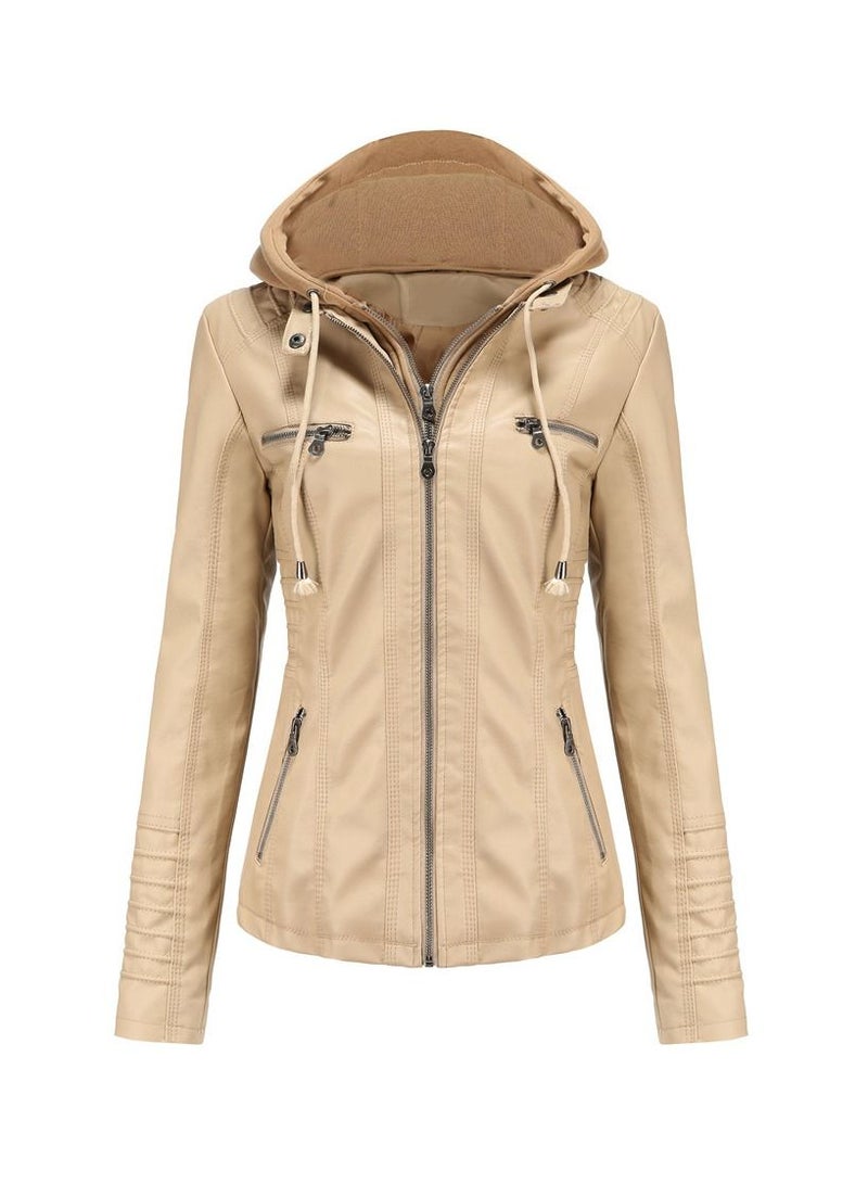 Loquat Women's Hooded Leather Jacket Two-Piece Set With Detachable Features Apricot  - Image 1