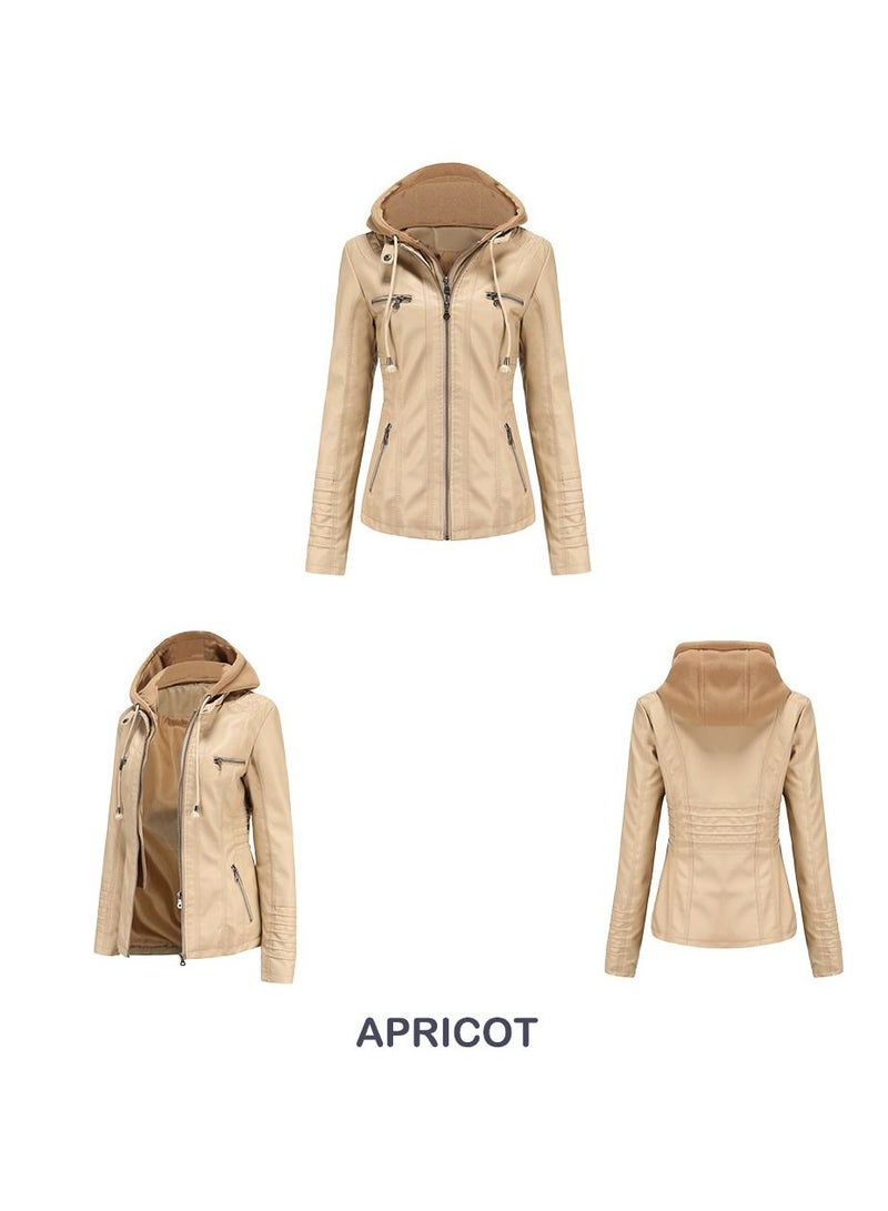 Loquat Women's Hooded Leather Jacket Two-Piece Set With Detachable Features Apricot  - Image 2