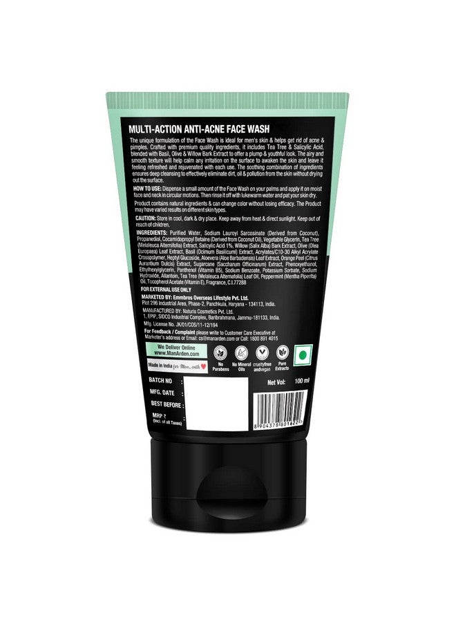 Man Arden غسول وجه مان أردن اليومي متعدد الفعالية لمكافحة حب الشباب - شجرة الشاي + حمض الساليسيليك للبشرة الدهنية، 100 مل - Image 2