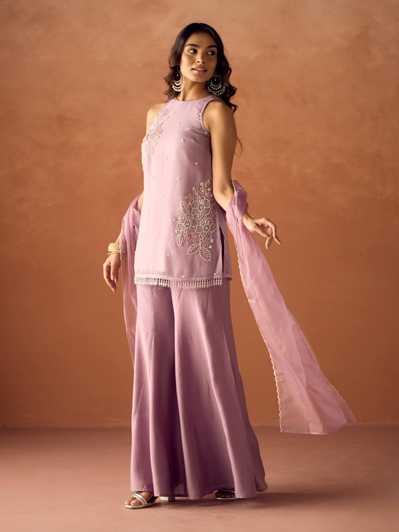 FIORRA Women Lavender Crush Organza Hand-Worked Straight Kurta Set with Dupatta SET0223 - Image 3