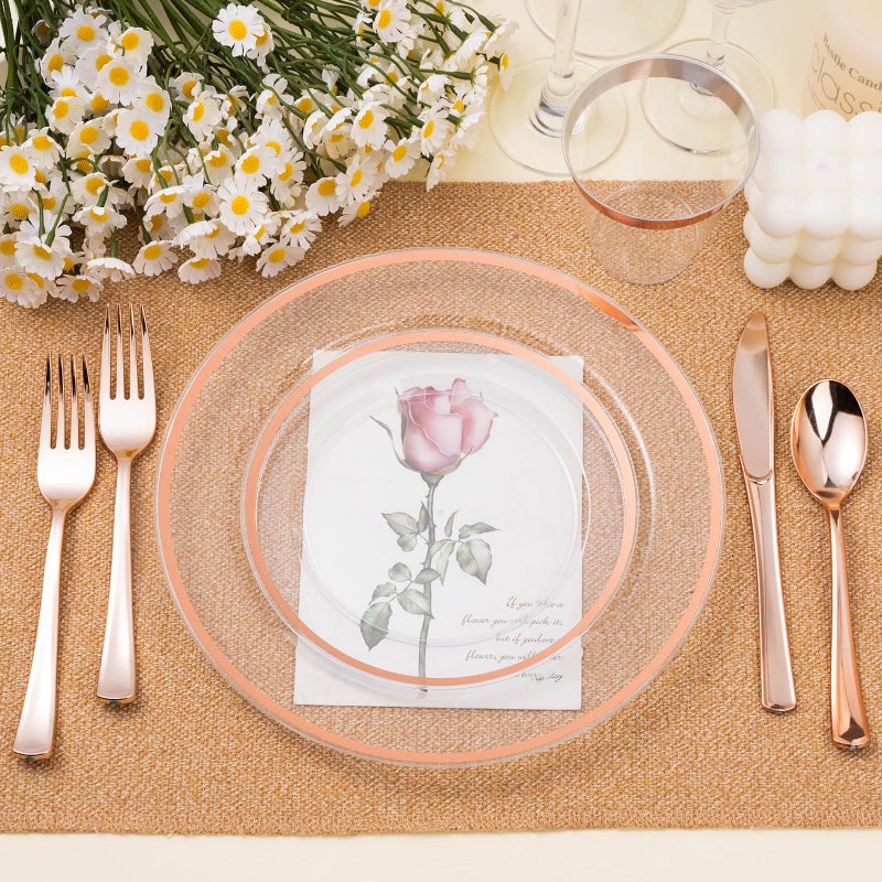 BESTSTAR 200PCS Rose Gold and Clear Plastic Plates, Rose Gold Disposable Plate Set with 100 Dinner Plates and 100 Dessert Plates for Party - Image 3