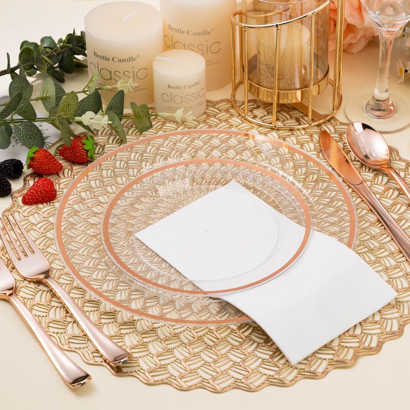 BESTSTAR 200PCS Rose Gold and Clear Plastic Plates, Rose Gold Disposable Plate Set with 100 Dinner Plates and 100 Dessert Plates for Party - Image 4