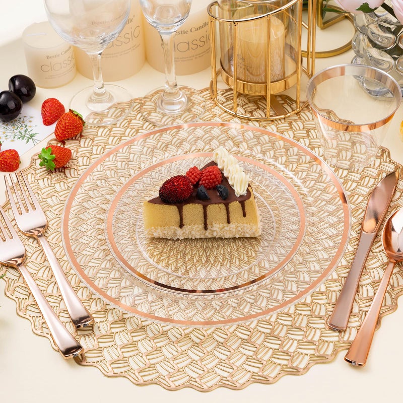BESTSTAR 200PCS Rose Gold and Clear Plastic Plates, Rose Gold Disposable Plate Set with 100 Dinner Plates and 100 Dessert Plates for Party - Image 5